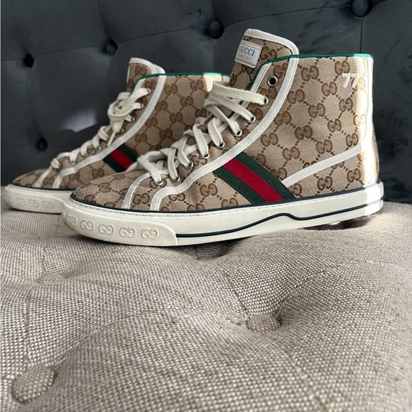 Gucci Beige High-Top Sneakers with Green and Red Accents